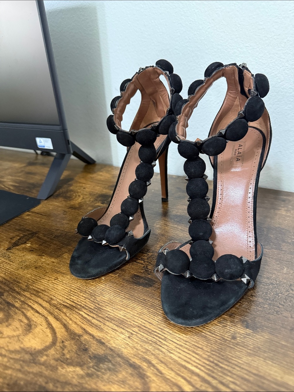 Alaïa Black Suede Pom-Pom T-Strap Stiletto Sandals